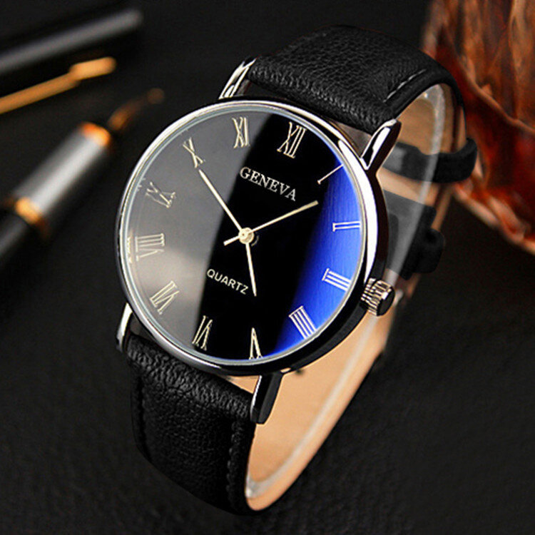 

GENEVA Business Casual Simple Roman Numeral Dial PU Leather Strap Men Quartz Watch Wristwatch