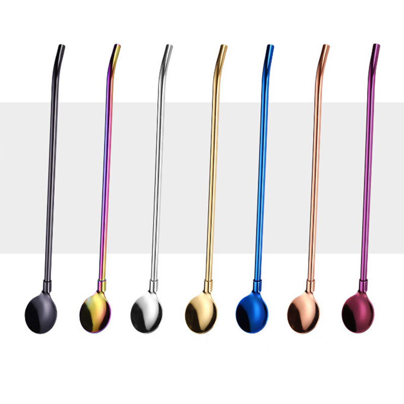 

Colorful Metal Spoon 304 Stainless Steel Straw Spoon Two In One Elbow Gold-plated Mug Metal Straw Spoon