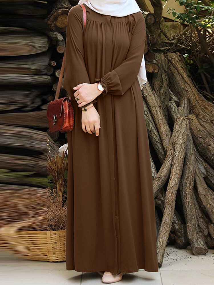 Dames effen kleur geplooide pofmouwen gewaad Vintage maxi-jurk