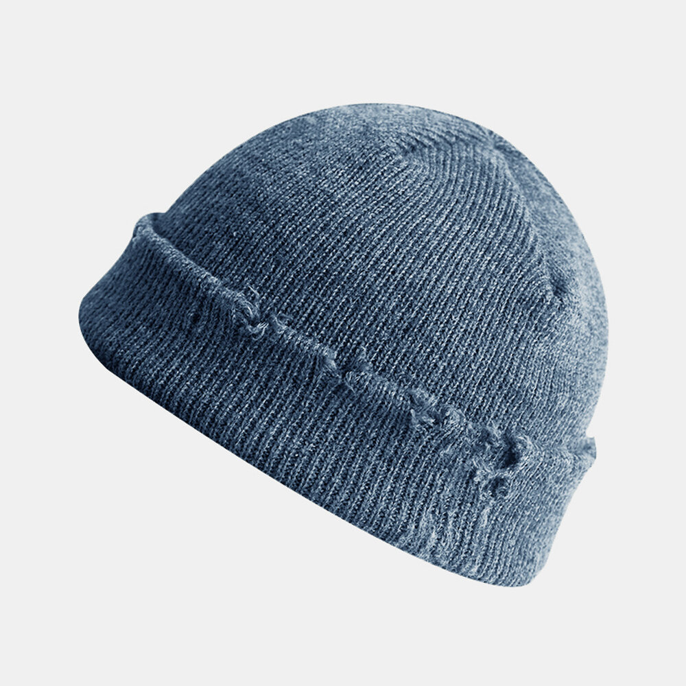

Street Broken Hole Style Skull Hat Landlord Hat Solid Color Winter Warmer Good Elastic Knit Hat For Men Women