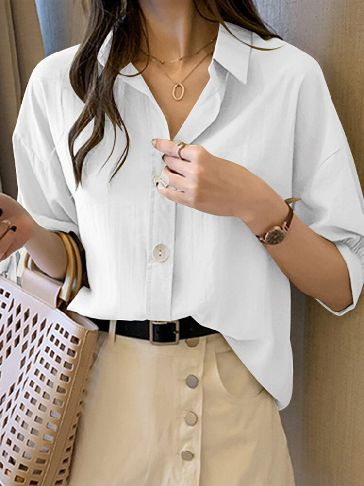 Solid Button Ruched Lapel Half Sleeve Casual Shirt