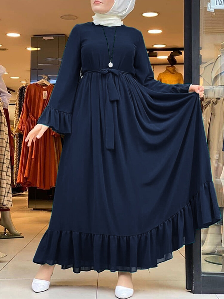 Casual Solid Color Flare Sleeve Lace-Up Chiffon Loose Muslim Maxi Dress