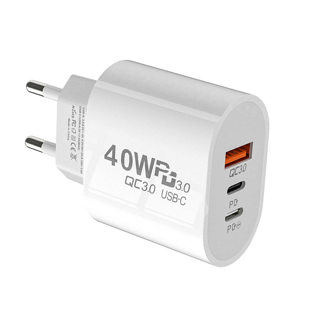 

Olaf 40W 3-Port USB PD Charger Dual USB-C+USB-A PD QC3.0 Fast Charging Wall Charger Adapter EU Plug US Plug for iPhone 1