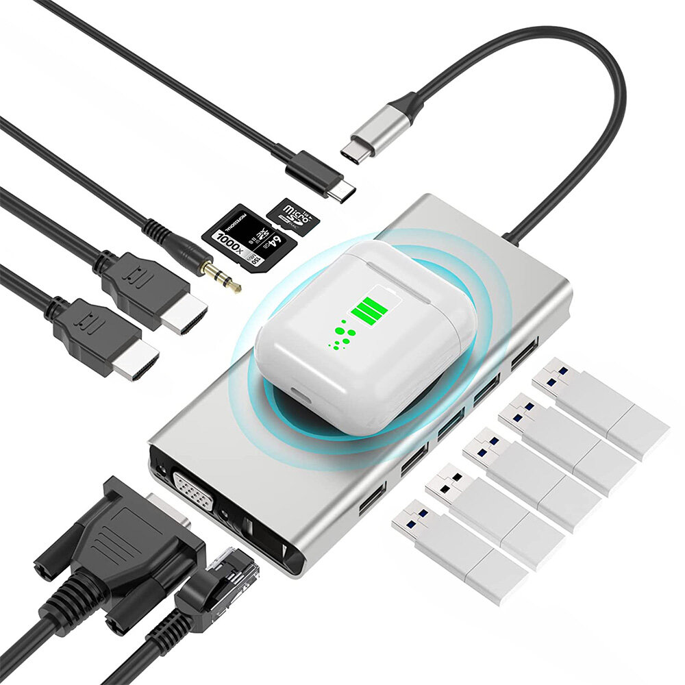 

Pobod 14 в 1 Тип-C Док-станция с беспроводным зарядным устройством USB3.0 * 3 USB2.0 * 2 PD100W USB-C 4K @ 30Hz HDMI * 2