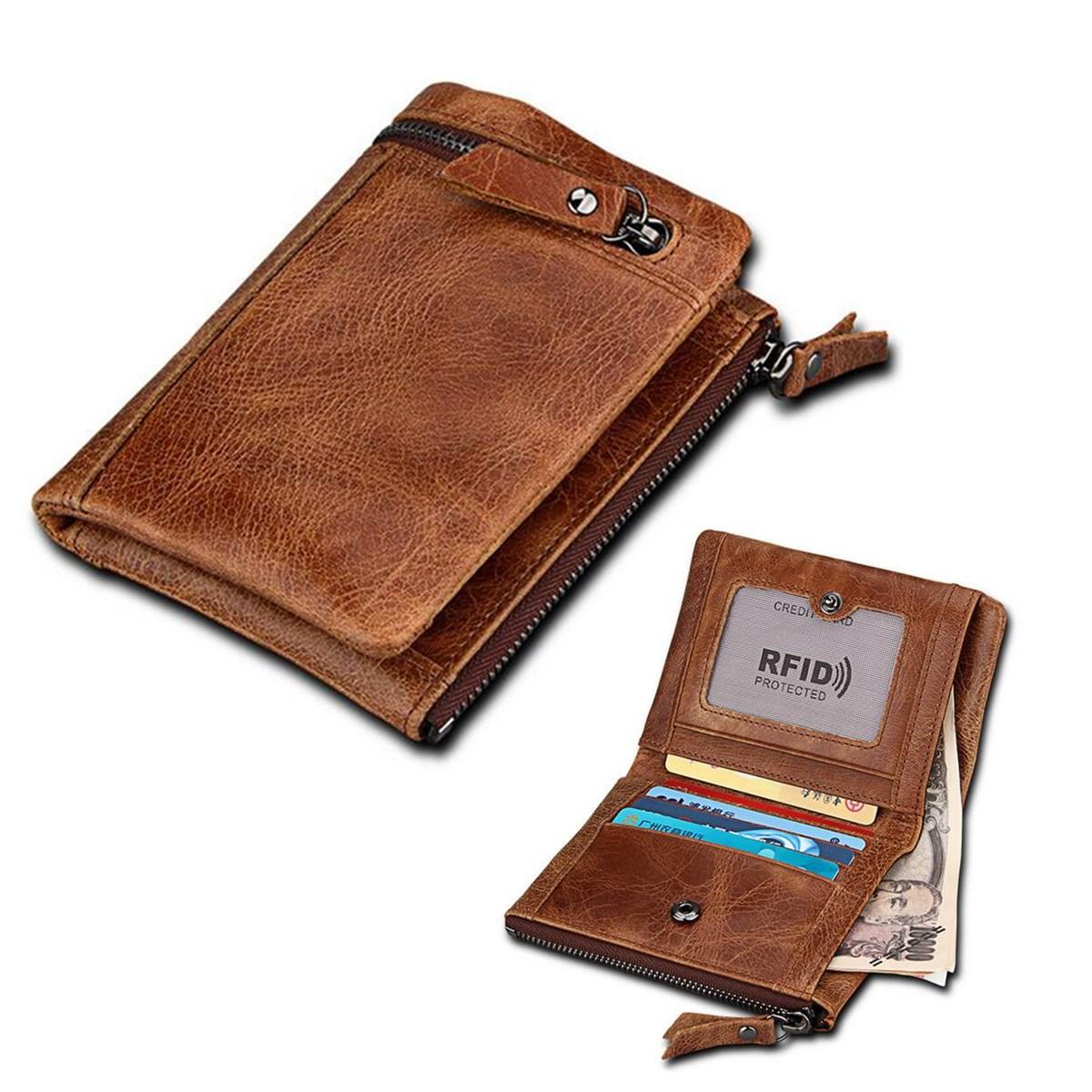 IPRee®Men RFIDブロッキングショートウォレット本物のレザーブラウンコインカードホルダー財布