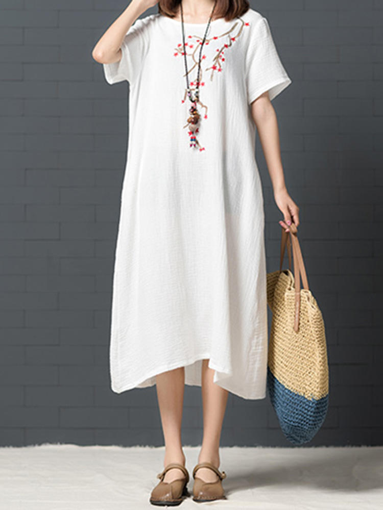 vintage women short sleeve linen cotton dress at Banggood