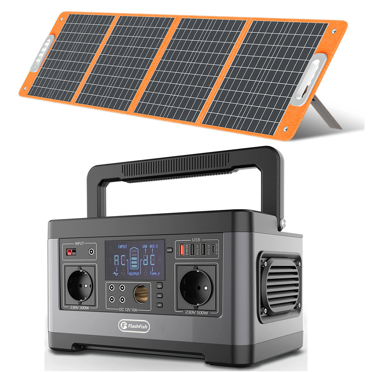 [EU Direct] FlashFish P63 500W Stazione di alimentazione portatile con pannello solare pieghevole da 100W Kit generatore solare di emergenza per campeggio, viaggi in RV