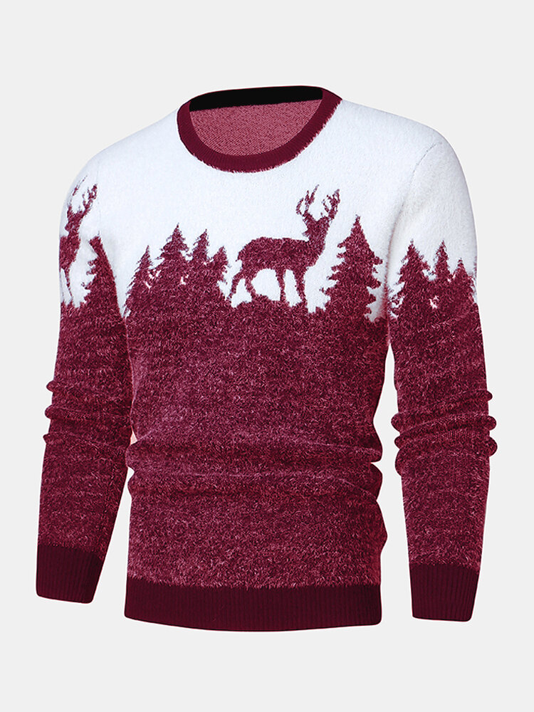 

Mens Christmas Tree & Deer Knitted Graphics Long Sleeve Casual Sweaters