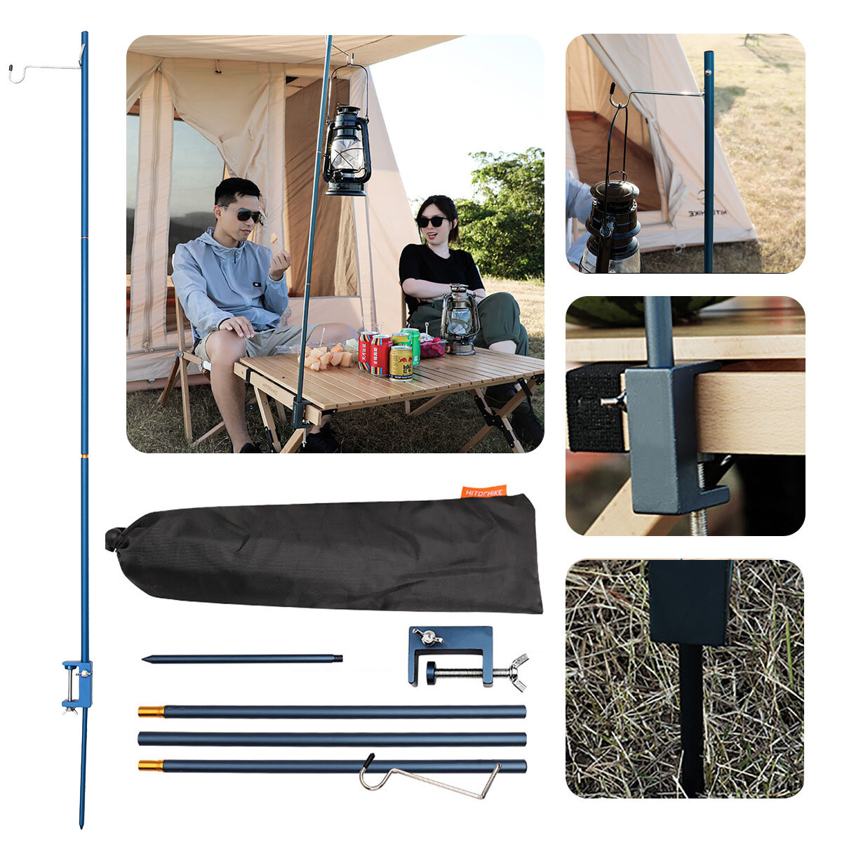 Table de camping pliante, poteau de lampe portable et légère, support de lampe en aluminium pour pique-nique, randonnée, sac à dos