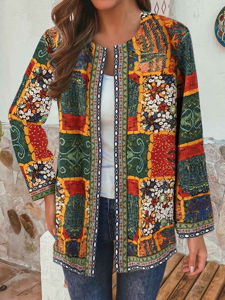 

Ethnic Style Floral Print Patchwork Long Sleeve Vintage Coats With Pockets