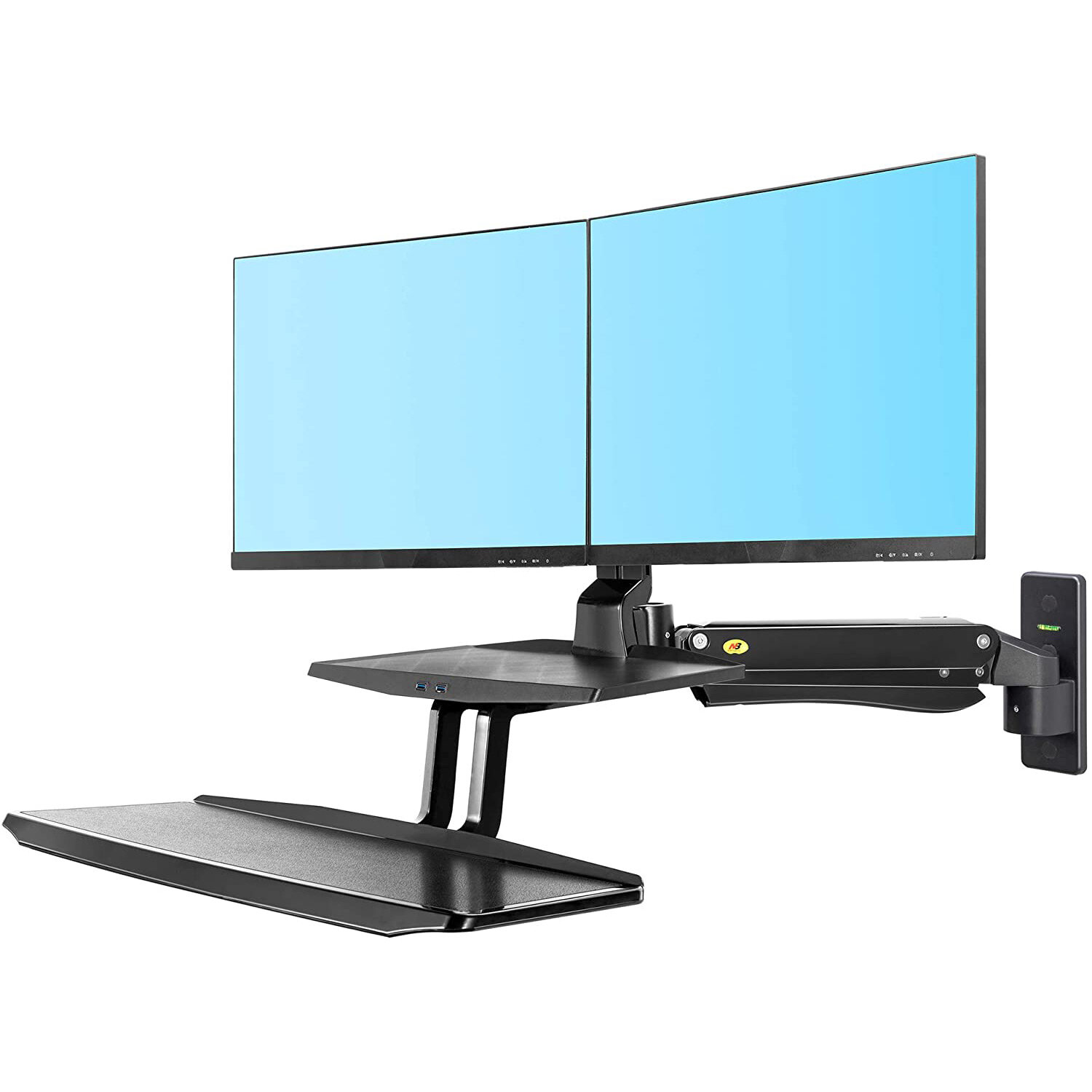 NB MC55-2A Dual Wall Mount 22-27in Ergonomic Sit-Stand Workstation Monitor Holder with Foldable Keyboard Tray Gas Strut Arm