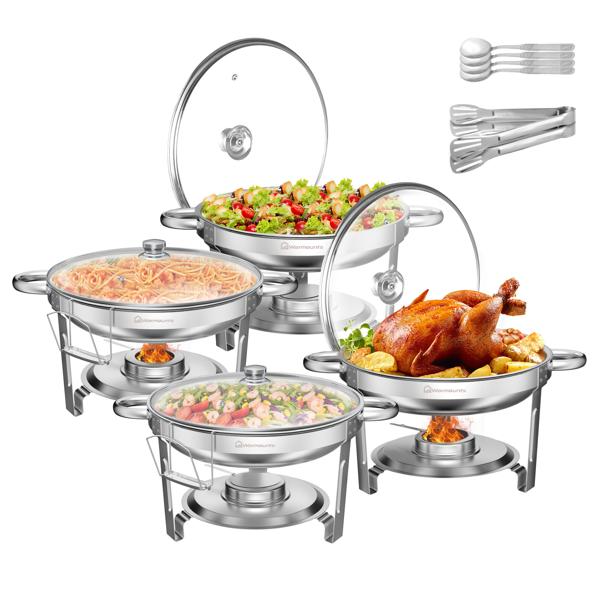 Warmounts 4-Pack Chafing Dish Buffet készlet, 5QT Kör alakú Büfé Szerver és Melegentartó készlet, Rozsdamentes acél Catering Étel Melegítővel, Üveglappal és Tartóval Partihoz, Otthonhoz, Kertre, Esküvőre