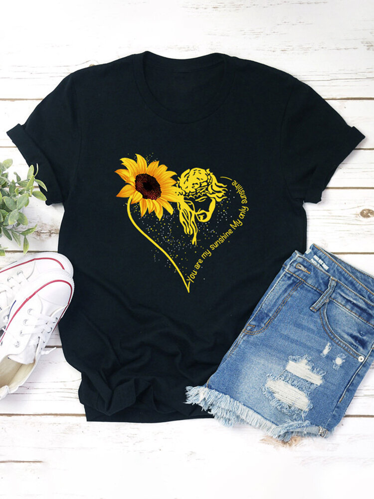 Image of Damen Casual Basic Sunflower Printed Kurzarm T-Shirt mit O-Ausschnitt