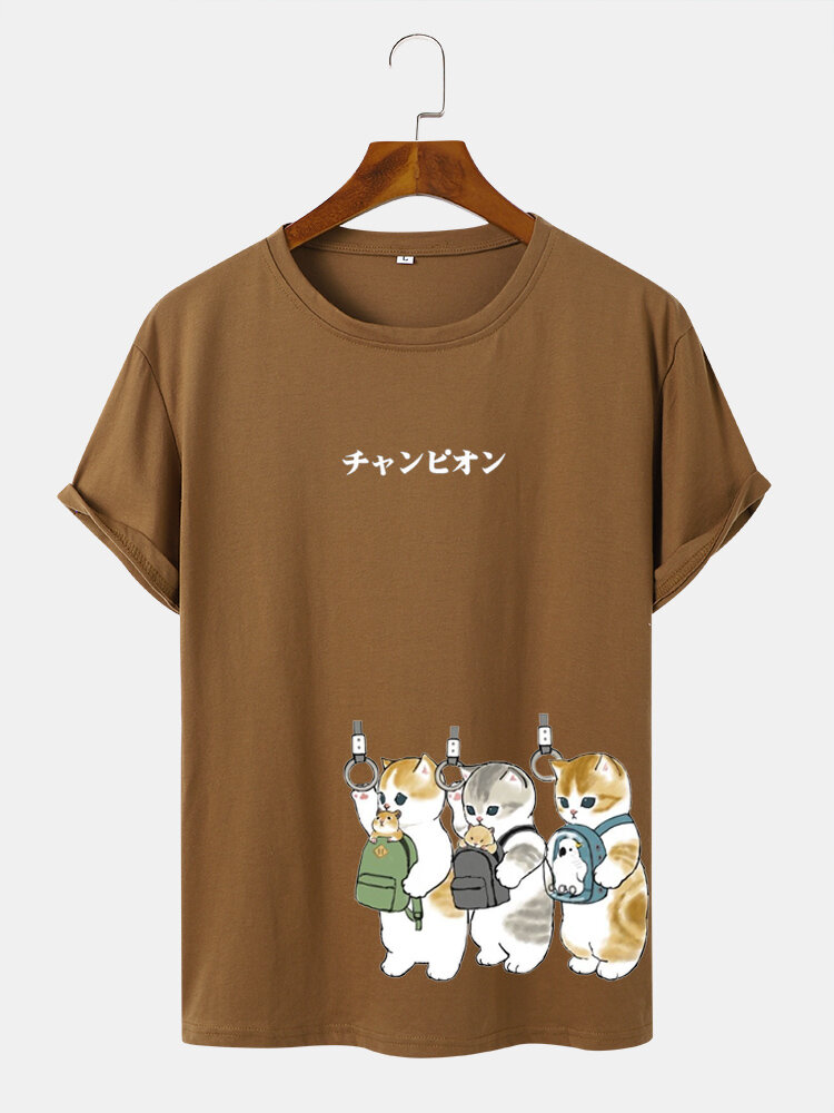 Japanse schattige kattenprint casual T-shirts met korte mouwen voor heren