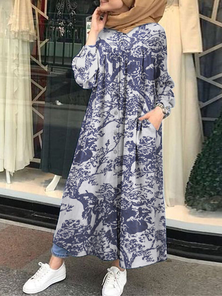 Vintage Floral Print Cotton Kaftan Tunic Muslim?Maxi Dress with Side Pockets
