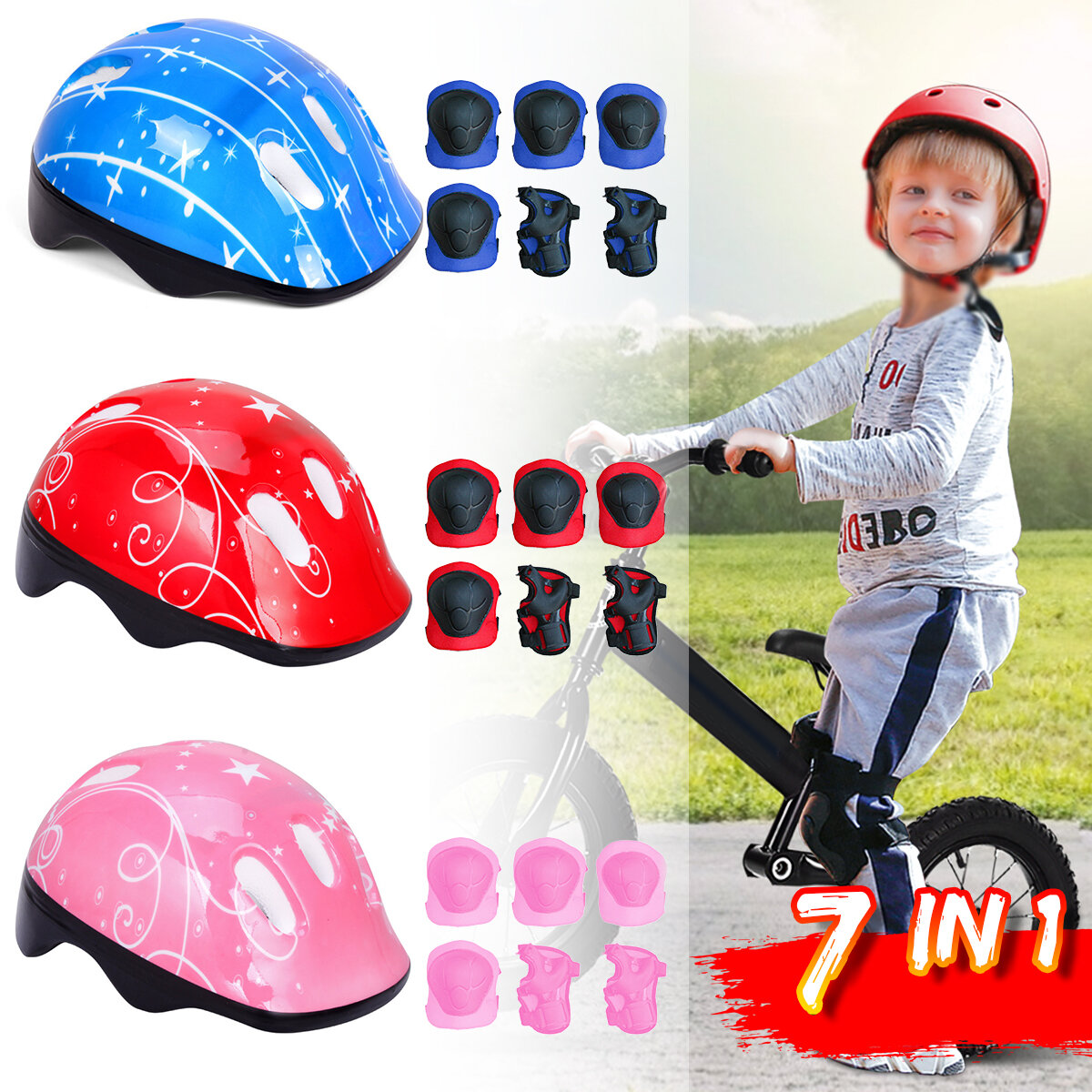 7 IN 1 Kids's Balance Bike Helmet Kits With Protect Knee Wrist Elbow Pads Roller Skating Protective Equipment For Toddle