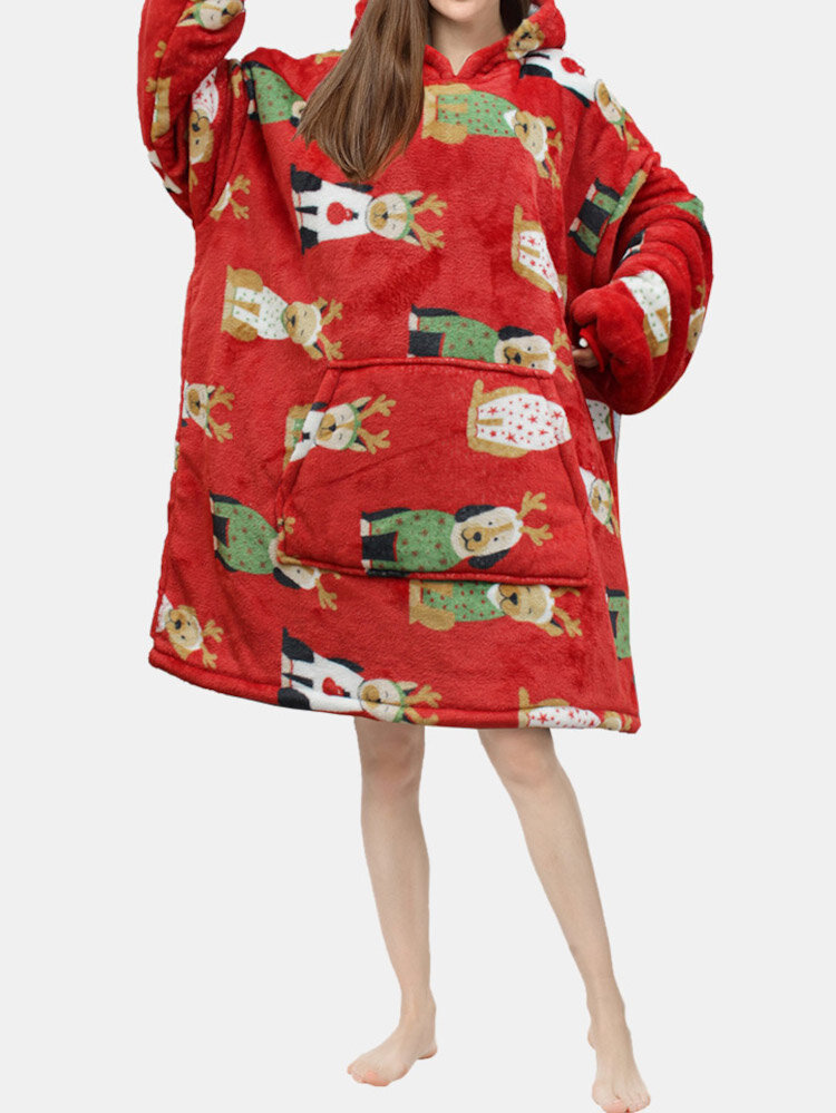 Vrouwen Dikke Kerst Cartoon Animal Print Flanel Fleece Gevoerde Oversized Warme Pyjama