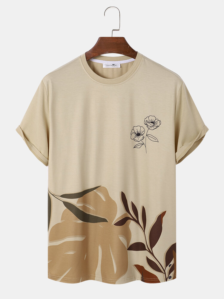 Men Flower & Leaf Print Crew Neck Casual Short Sleeve T-Shirts