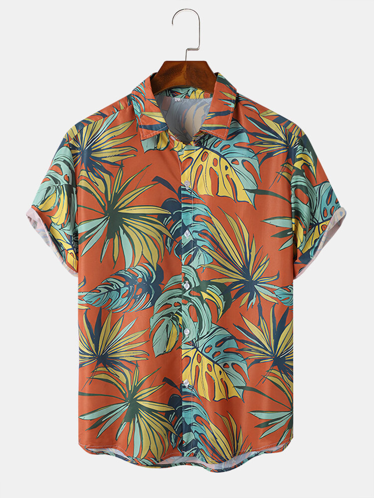 Heren Tropische Bladeren Print Vakantie Soft Comfortabel Ademend Alle Matched Shirts