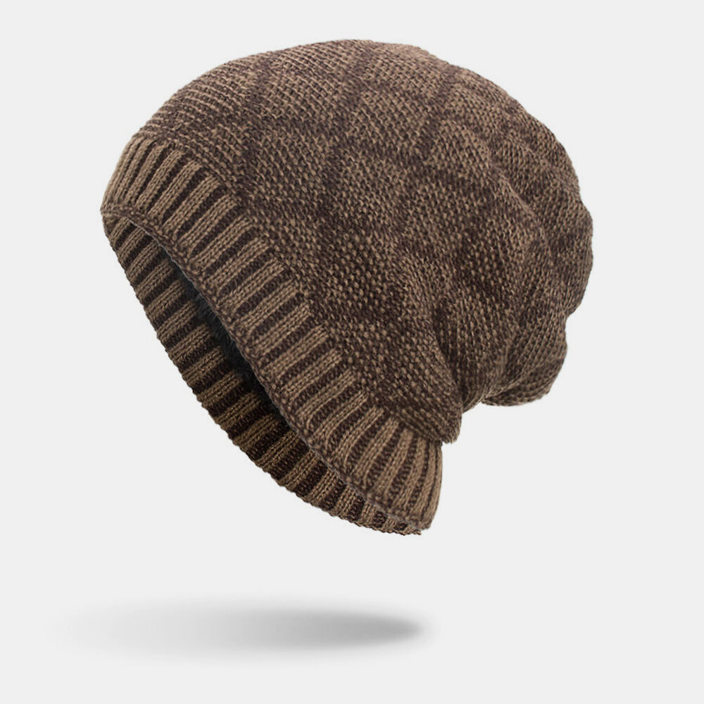 Men Winter Plus Velvet Plaid Pattern Outdoor Knitted Warm Beanie Toque Hat