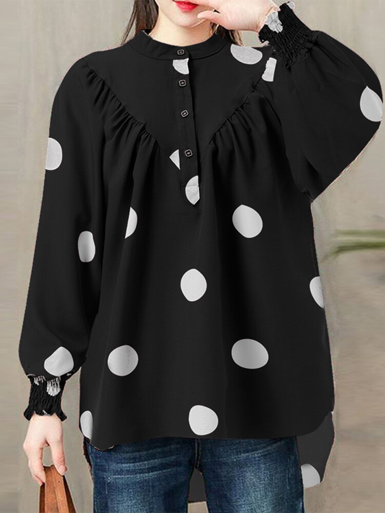 Polka Dot Ruched Button Lantaarn Mouw Stand Kraag Blouse