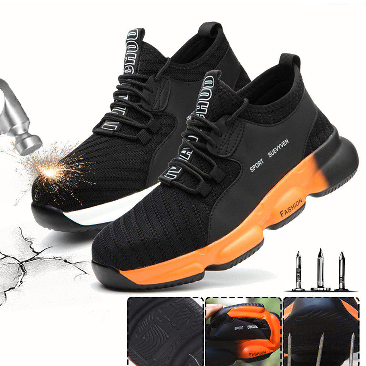Sapatos de trabalho de segurança unissex com biqueira de aço tecido voador para corrida, camping, escalada e caminhada.