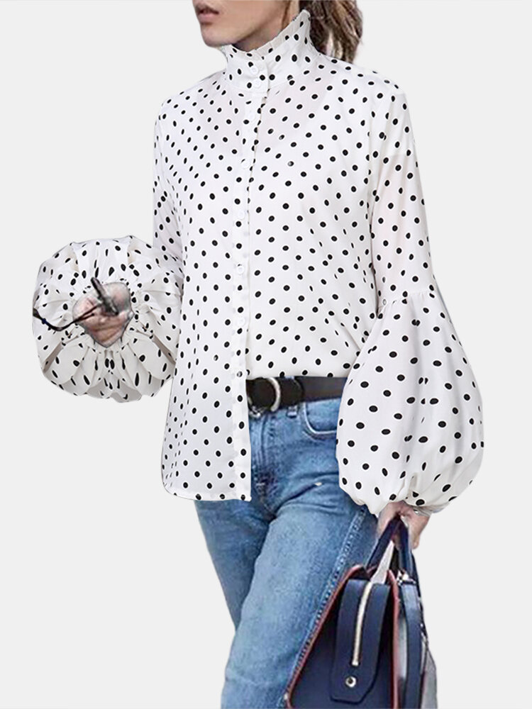 

Chic Polka Dots Print Turtleneck Puff Sleeve Causal Loose Shirts Blouse For Women
