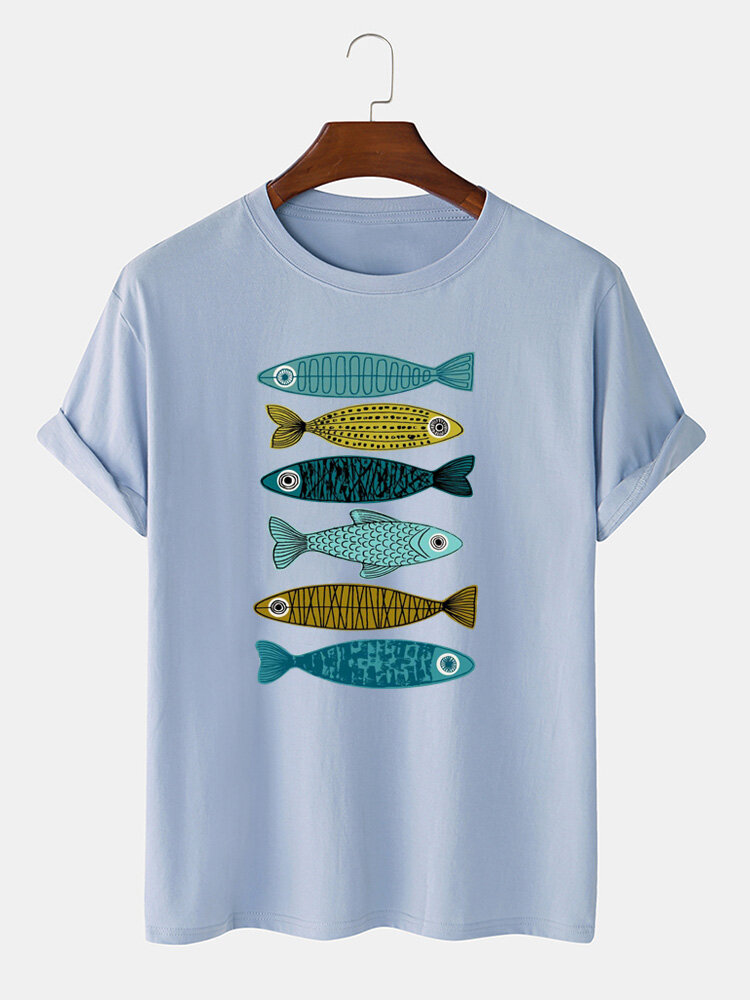 100 Cotton Funny Opposite Fishes Print Short Sleeve Loose T Shirts