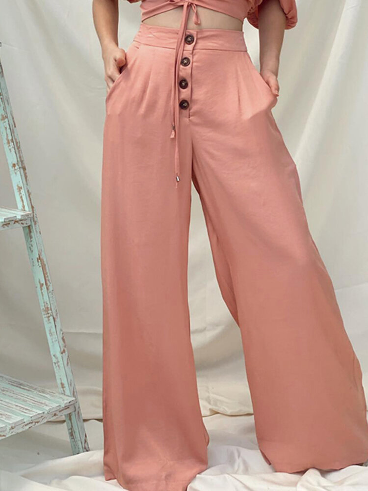 Women Casual High Rise Loose Fit Wide Leg Solid Pants with Side Pockets