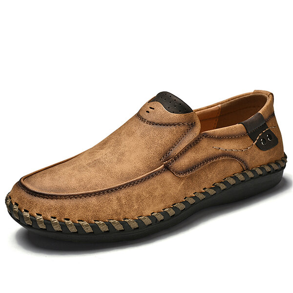 Men Hand Stitching Leather Slip On Soft Sole Casual Shoes