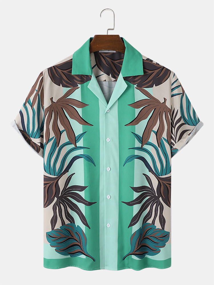 

Mens Tropical Plant Stripe Print Revere Collar Holiday Short Sleeve Shirts