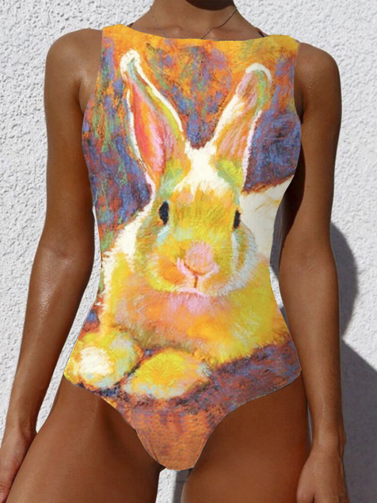 

Graffiti Bunny Print High Neck Backless Slimming One Piece Easter Beach Swimwear