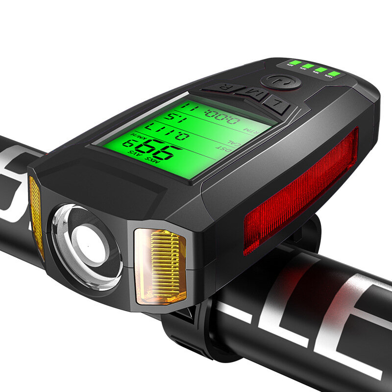 Черный BIKIGHT 3-в-1 350LM COB Велосипедный свет + USB-сигнал Лампа + измеритель скорости LCD Экран 5-режимный Водонепро