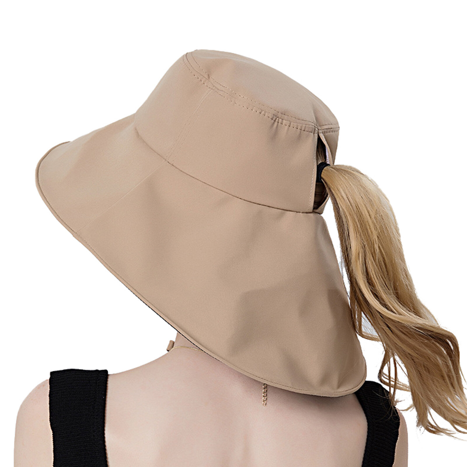 Women Polyester Cloth Casual Outdoor Back Brim Extended Ponytail Foldable Sunshade Bucket Hats