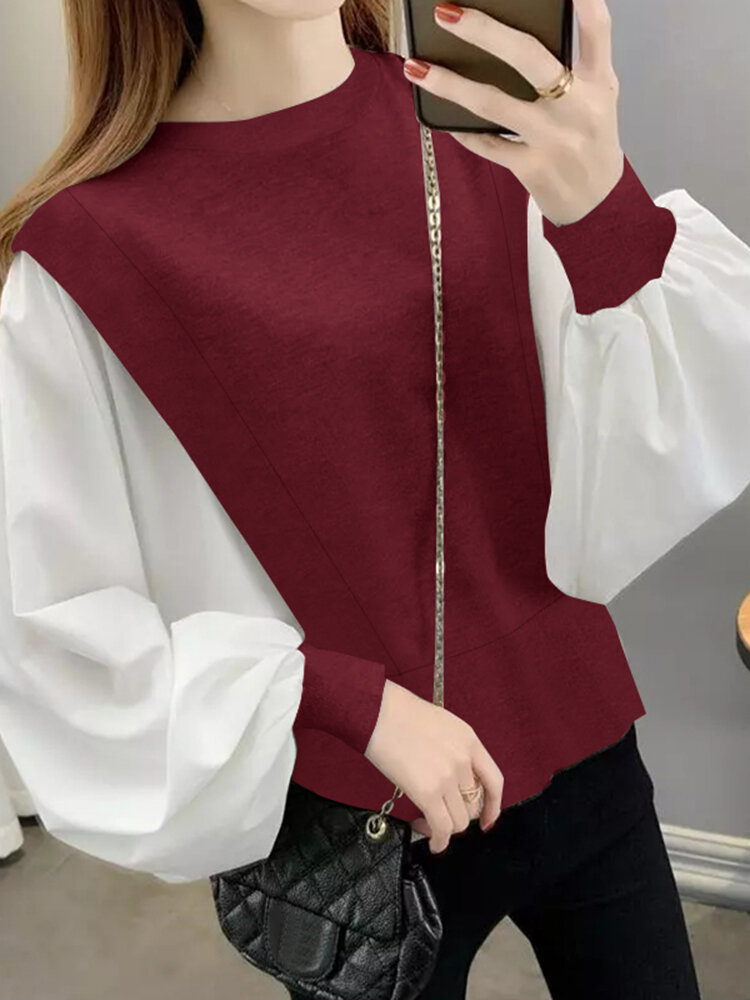 Contrast Patchwork Lantern Sleeve Casual Crew Neck Blouse