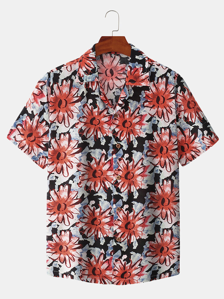 

Mens Daisy Ditsy Floral Print Revere Collar Short Sleeve Shirt