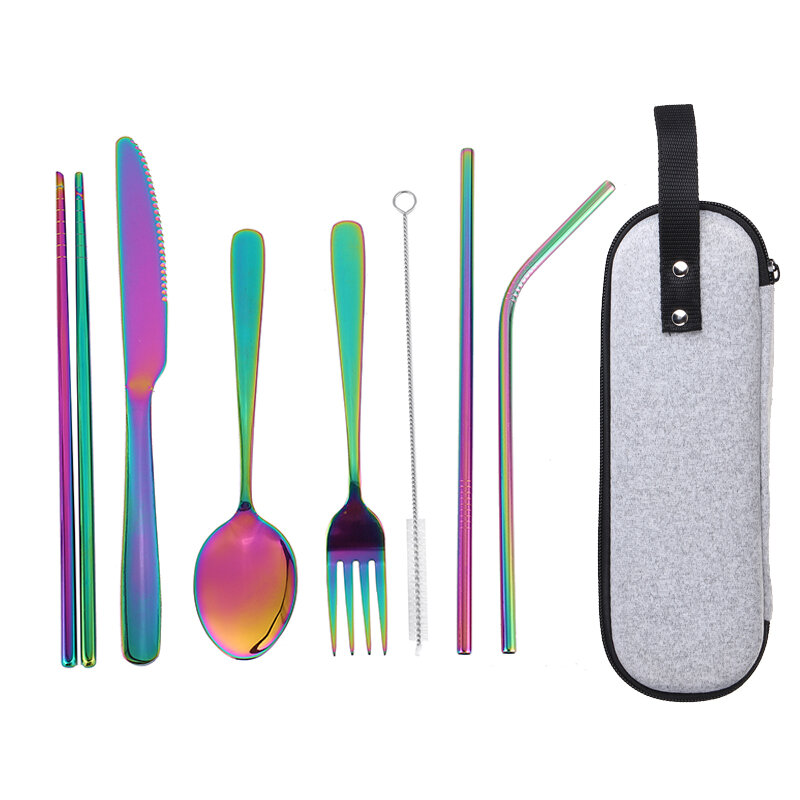 مجموعة أدوات طعام 8 قطع: شوكات ، ملاعق ، سكاكين مستقيمة ومنحنية ، فرشاة تنظيف ، فولاذ مقاوم للصدأ للنزهات والتخييم