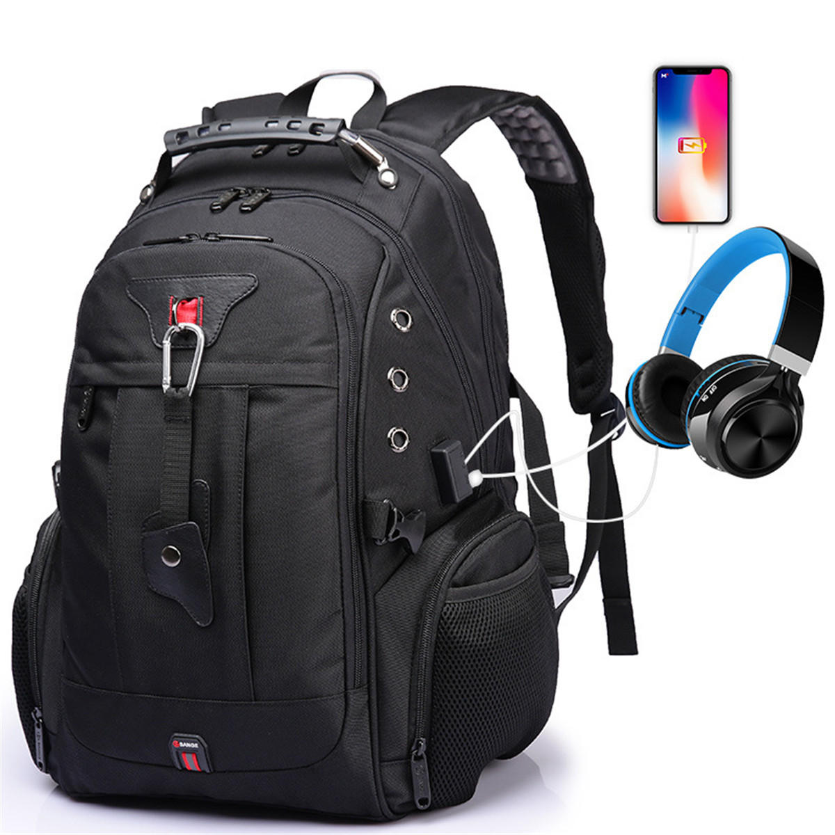 waterproof usb port headphone hole school backpack laptop travel bag ...