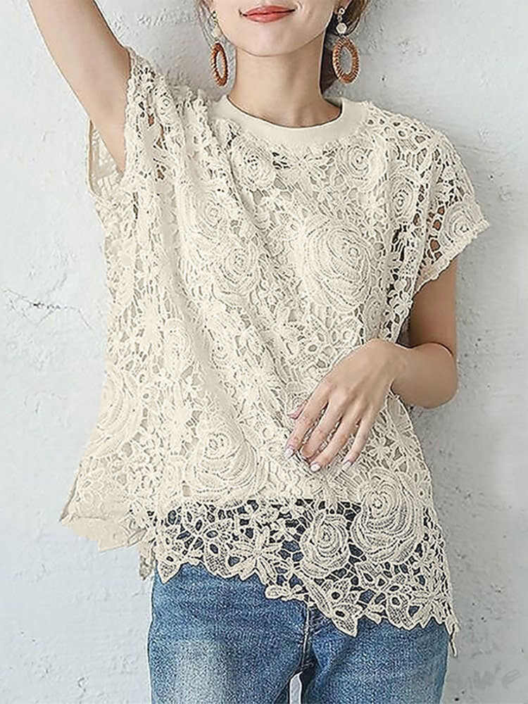 Lace Hollow Short Sleeve Crew Neck Two Pieces Blouse