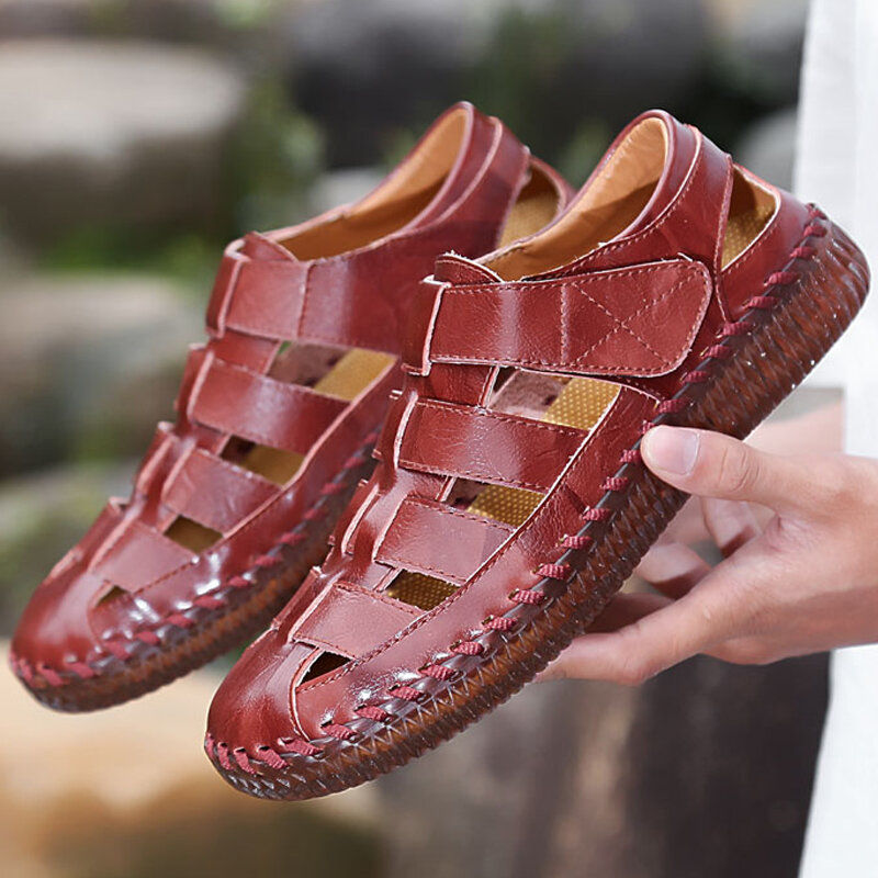 Men Genuine Leather Hand Stitching Hook&Loop Casual Sandals