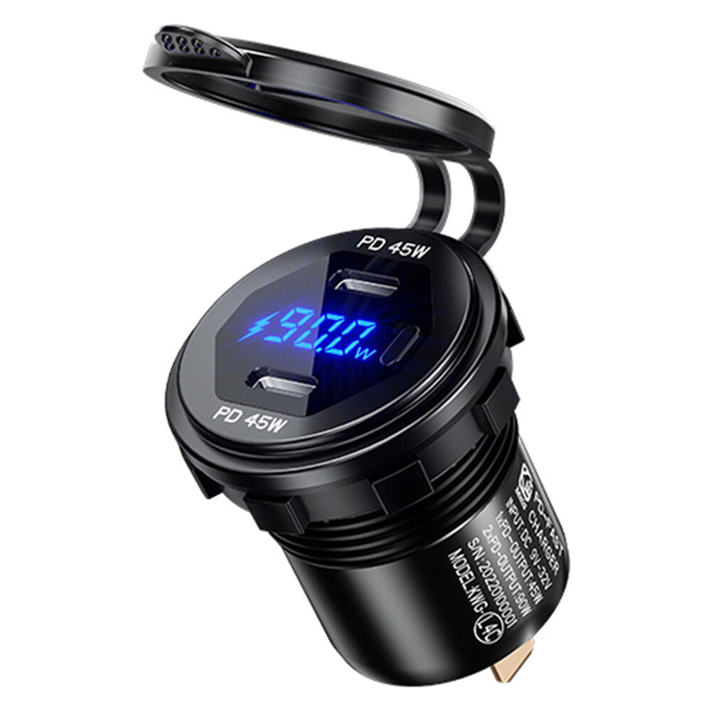 

12-24V 90W Metal Car Charger Socket Dual 45W USB C Type C PD with ON/OFF Switch Voltage/Power Display for SUV Motorcycle