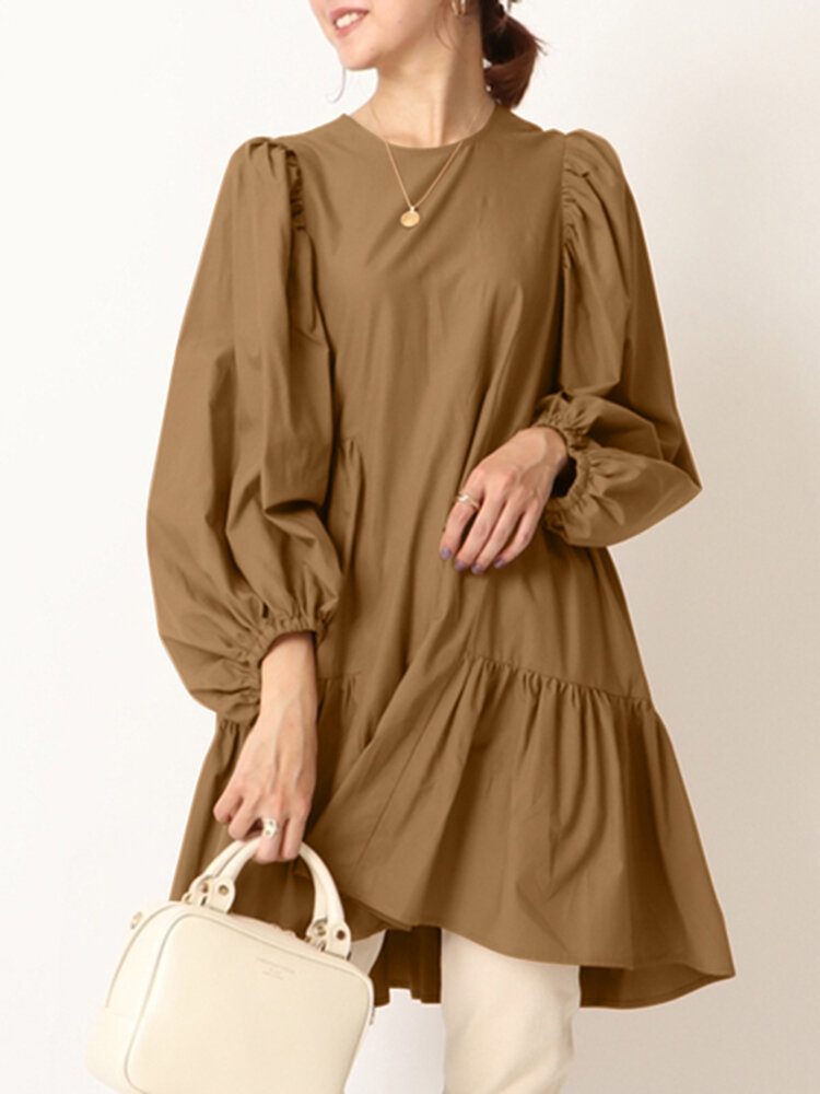 Women Pure Color Tiered Pleated Puff Sleeve Casual Longline Blouses
