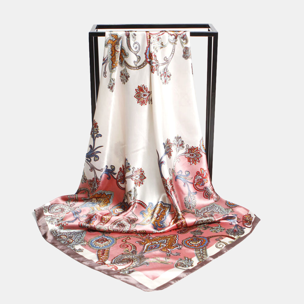

Women 90cm Imitation Silk Floral Pattern Elegant Multi-purpose Keep Warm Wide Square Scarf Shawl