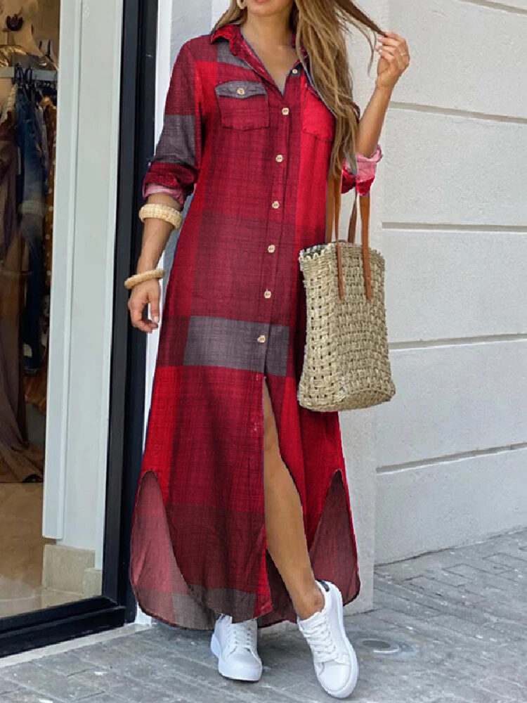 Women casual plaid print irregular split hem maxi shirts dress with side pockets