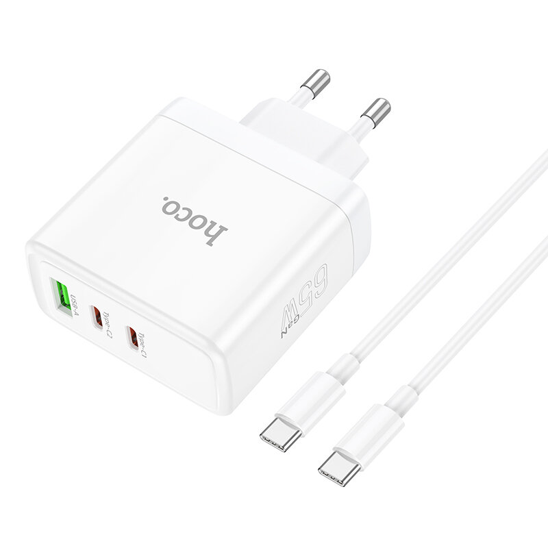 

HOCO N30 PD 65W GaN Three Port 2 Type-C 1 USB-A EU Wall Charger Adapter with 1m Long Type-C to Type-C Cable For Samsung