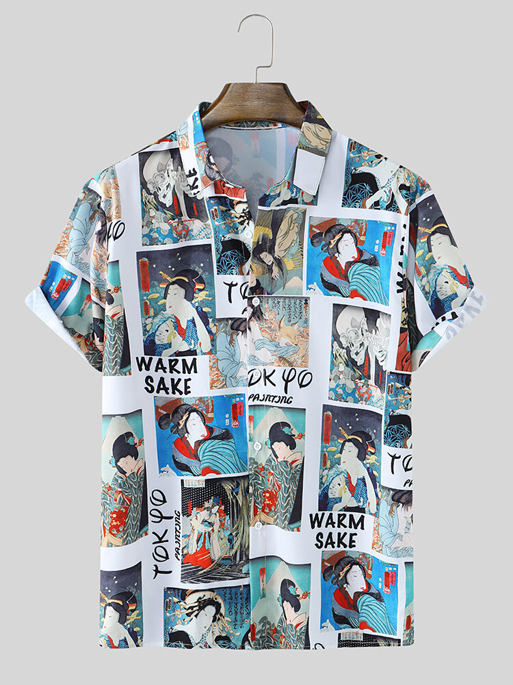Herenfiguur Ukiyoe Print Button Up Japanse stijl shirts met korte mouwen