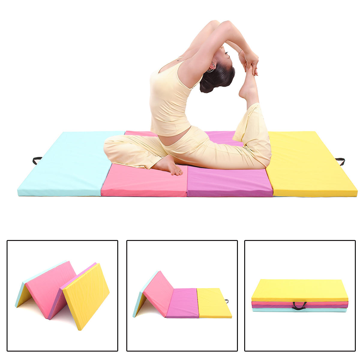 94.48x47.24x1.96inch 4 Folding Leather Gymnastics Mat Yoga Exercise Gym Panel Tumbling Climbing Pilates Pad Air Track