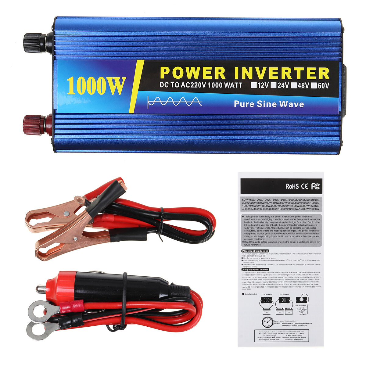 1000W Power Inverter DC 122448V to AC 220V Car Sine Wave Converter