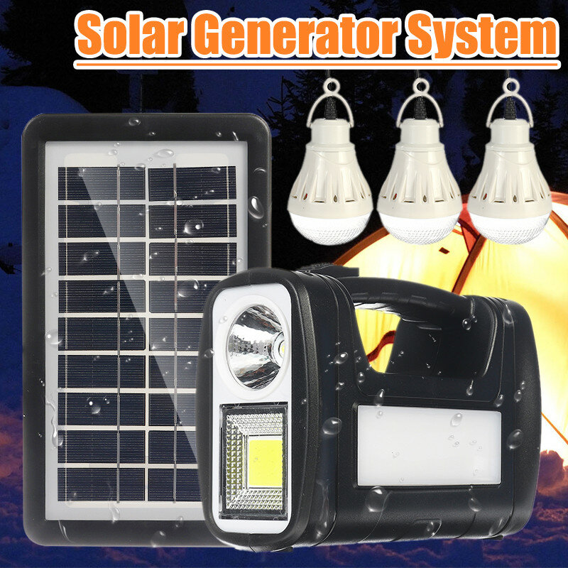

10W Solar Panel Generator System FM Radio USB TF Slot LED Lamp with 3 Bulbs for Outdoor Use