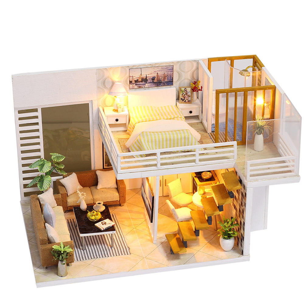 iiecreate K031 Eenvoudig en elegant doe-het-zelf poppenhuis met meubels Lichthoes Geschenkspeelgoed